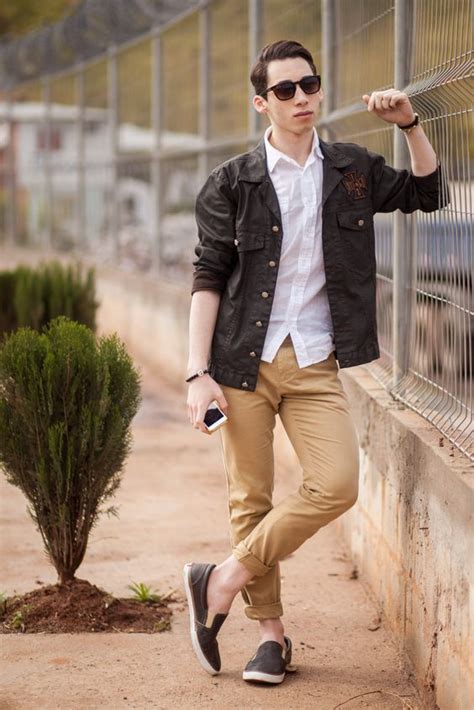 khaki chinos with sneakers.